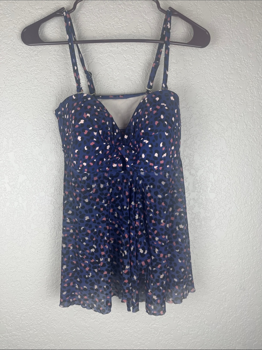 Blue Leopard Print Spaghetti Strap Women's Bathing Suit Top Medium
